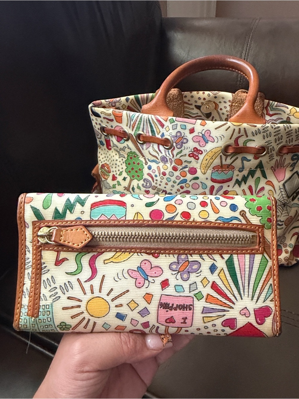 Dooney & Bourke Multicolor Doodle Satchel with Tan Leather Trim - Picture 4 of 10